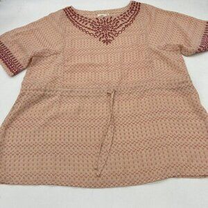 One September Pink Embroidered Tunic Top Laser Cut Outs Drawstring Boho Size XS